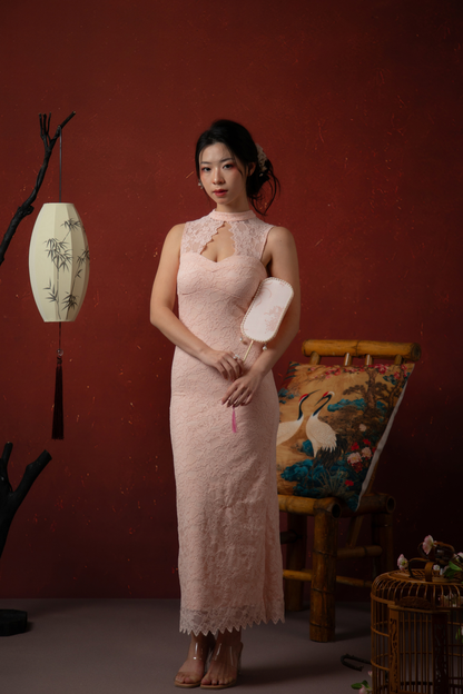 Roselle Lace Cheongsam Dress in Blush Pink