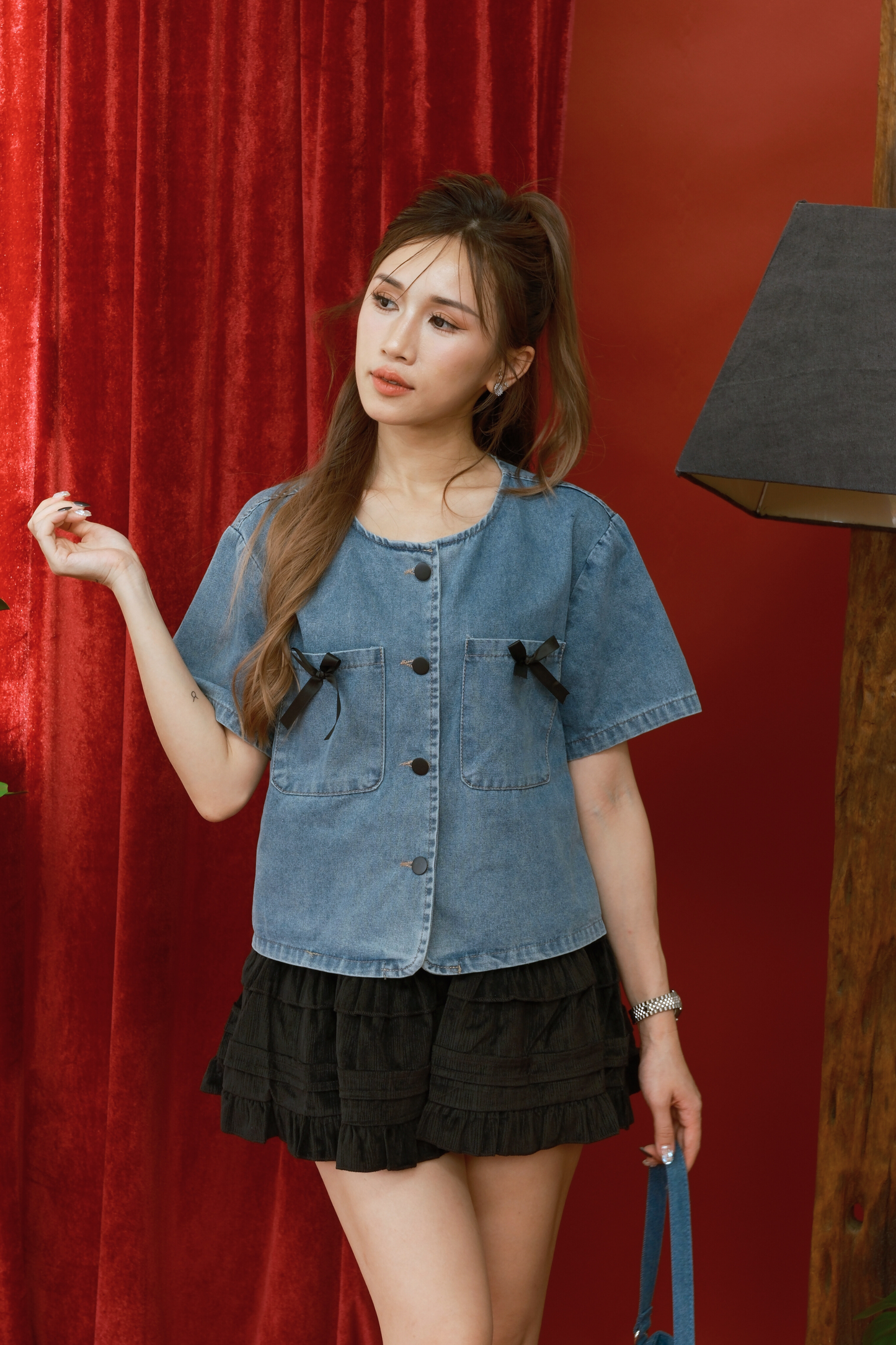 Willow Bow-Pocket Denim Crop Top