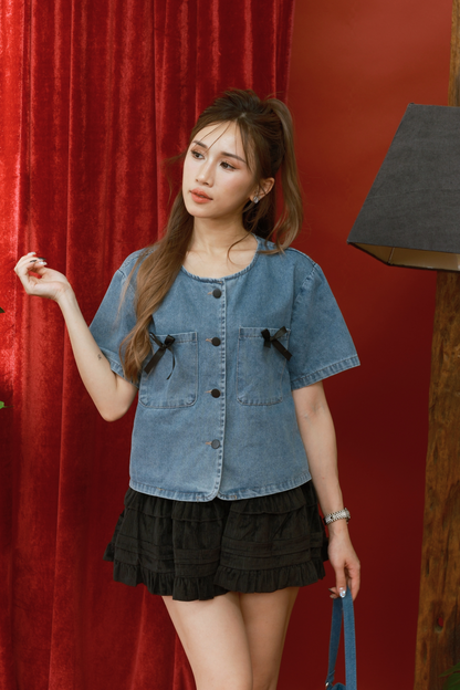 Willow Bow-Pocket Denim Crop Top