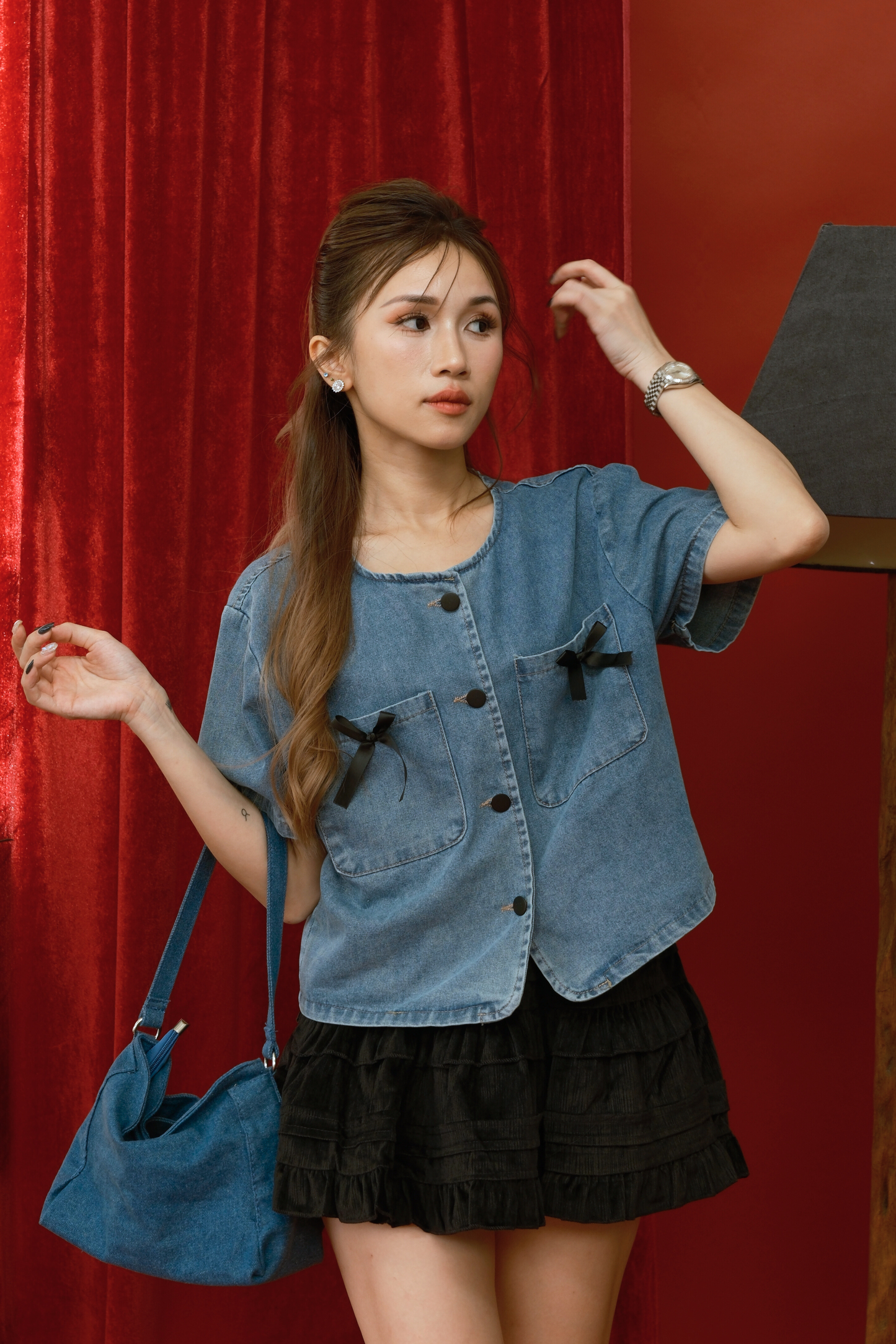 Willow Bow-Pocket Denim Crop Top