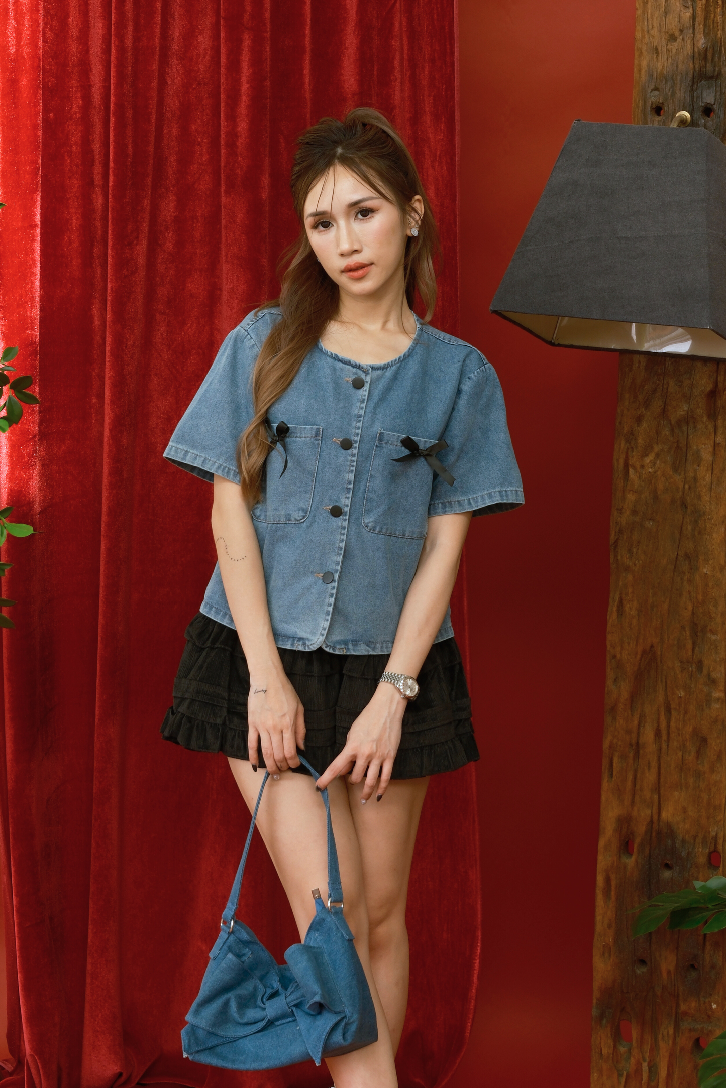 Willow Bow-Pocket Denim Crop Top