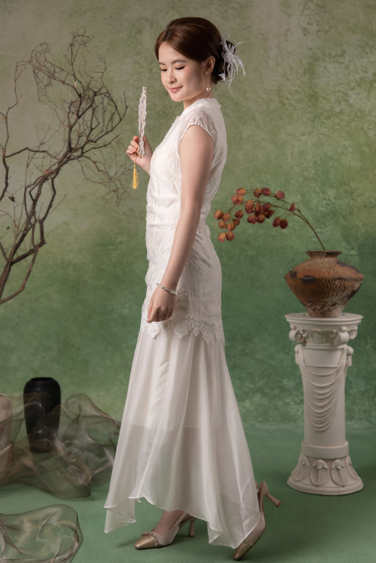 Nerissa Petal Cheongsam Dress in White