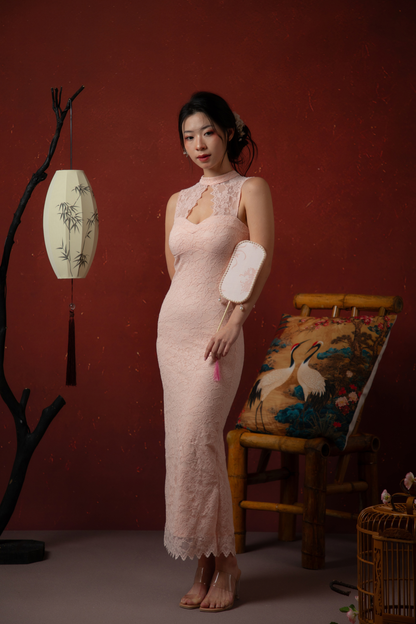 Roselle Lace Cheongsam Dress in Blush Pink