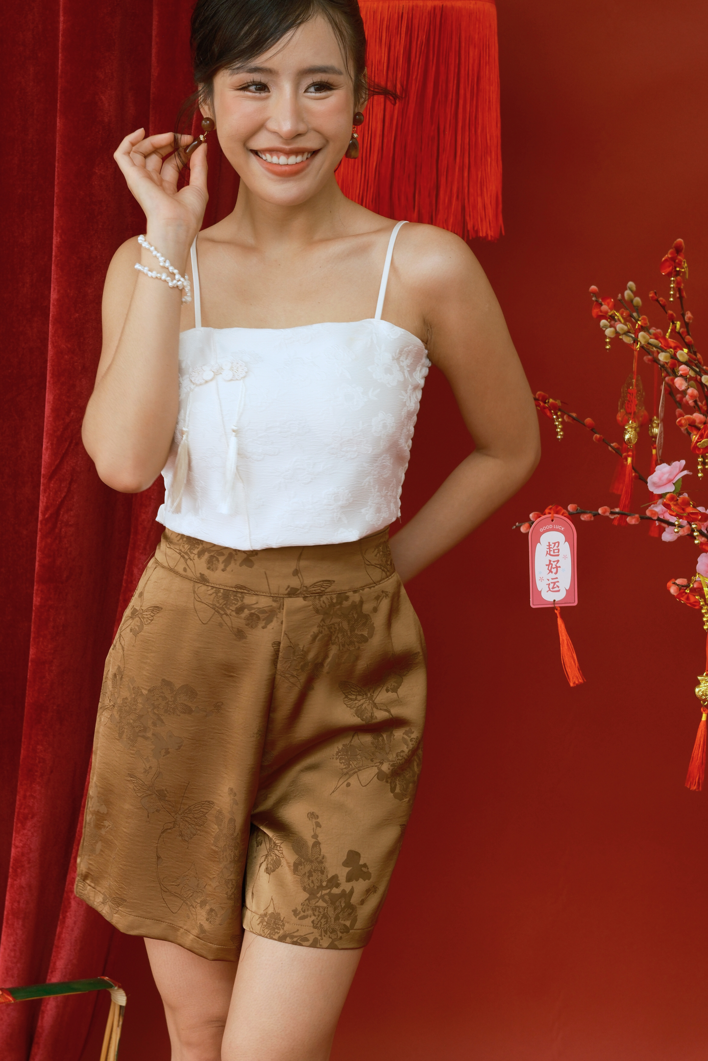 Pearl Blossom Embroidered Camisole in Beige (In-Stock)