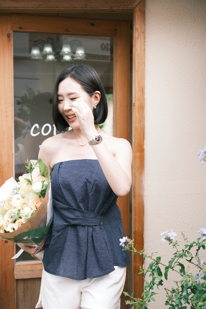 Éloise Strapless Pinstripe Peplum Top in Blue