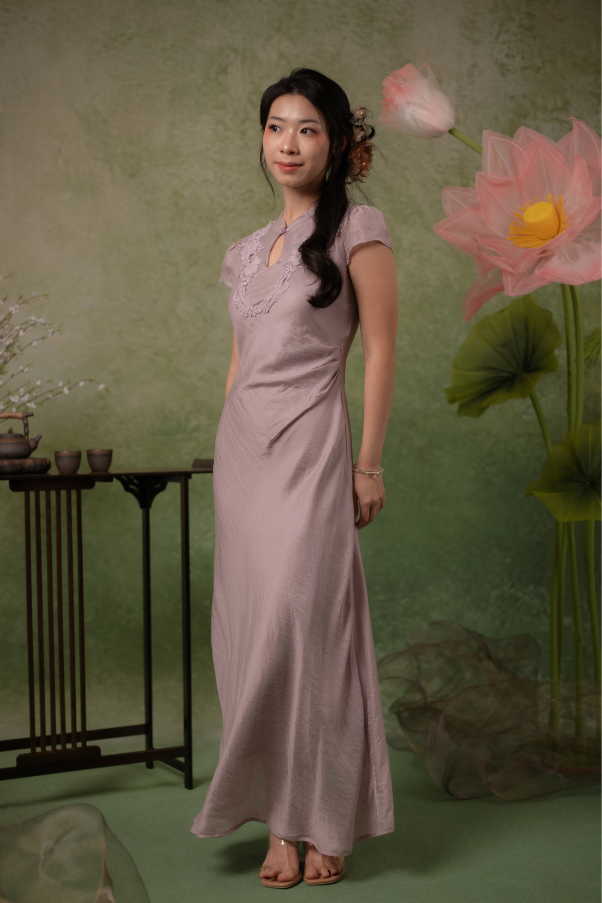 Serene Bloom Cheongsam Dress in Dusty Mauve