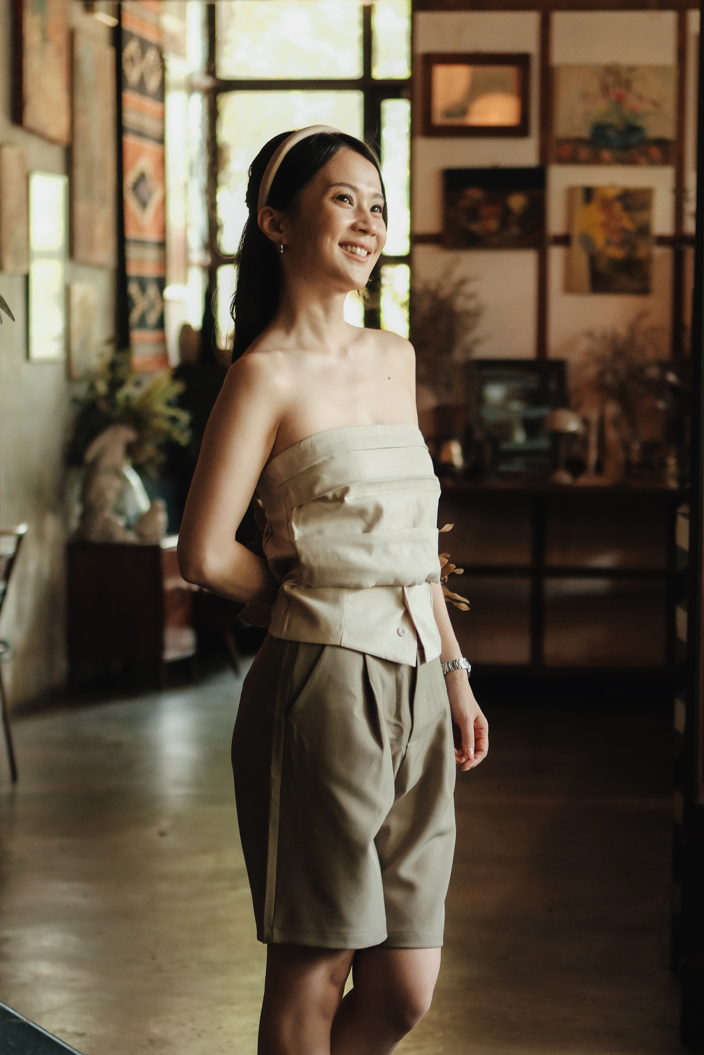 Isaline Ruched Back Tube Blouse in Beige