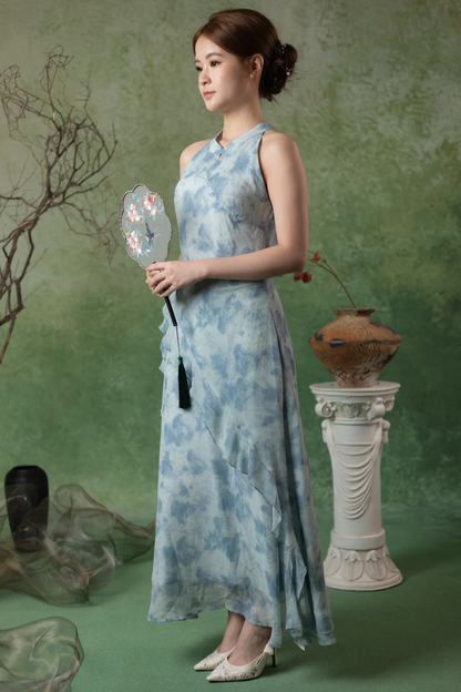 Rosalie Rêve Ruffle Cheongsam Dress in Dusty Blue