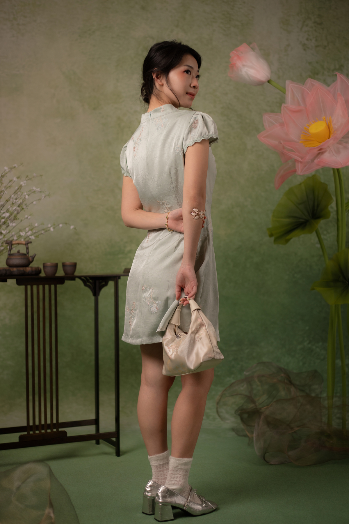 Jasmine Blossom Cheongsam Dress in Sage