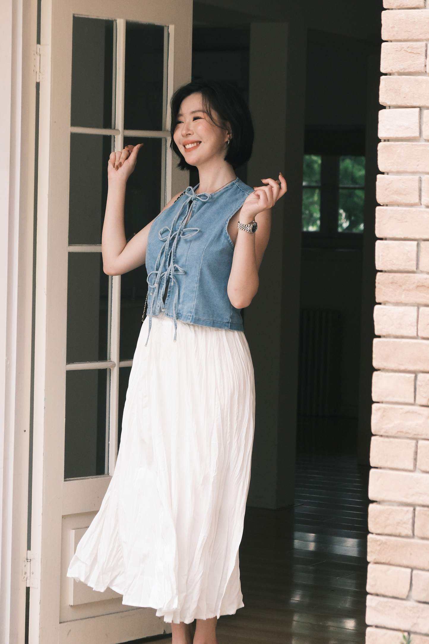 Rhea Lace-Up Denim Vest in Blue