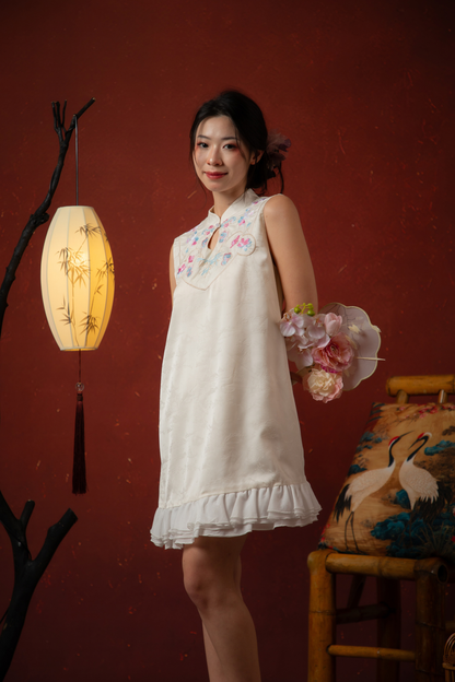 Butterfly Bloom Ruffle Cheongsam Dress in White