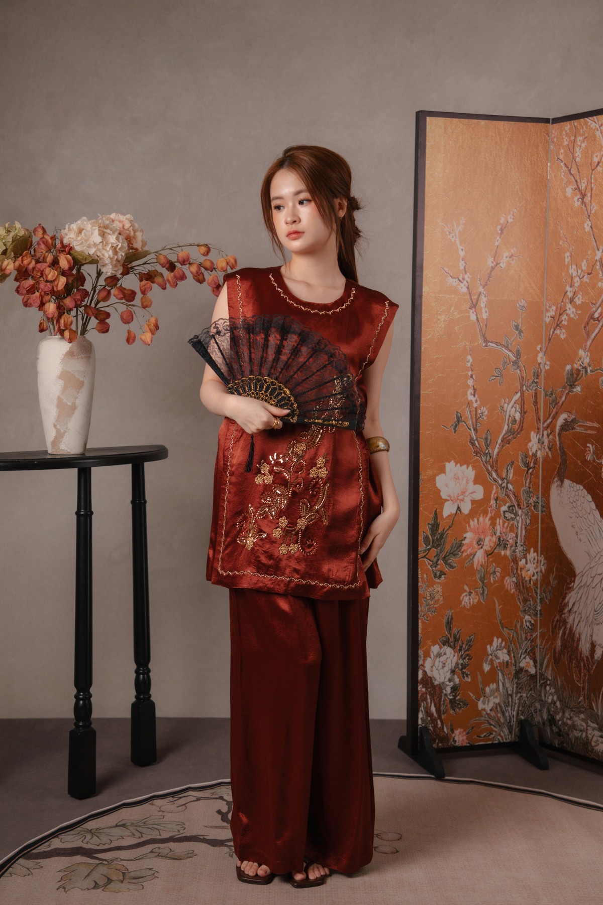 Maren Gilded Cheongsam Top & Pants Set in Maroon