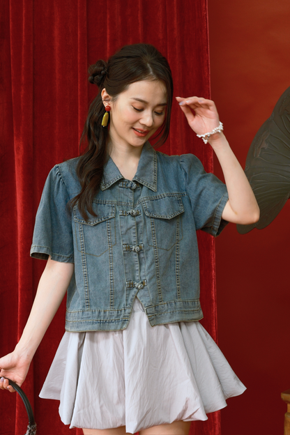 Elara Denim Petal Top in Dark Blue