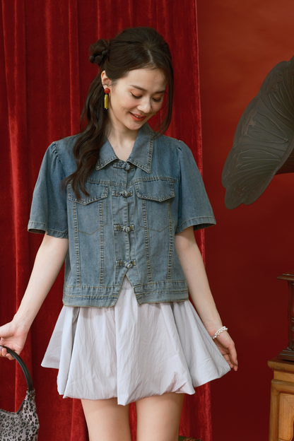 Elara Denim Petal Top in Dark Blue