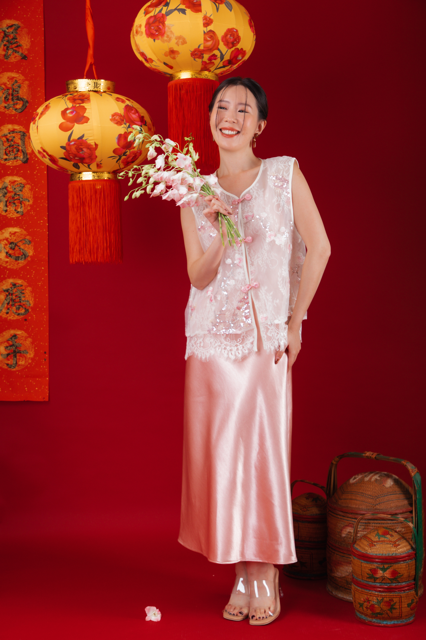 Elowen Embroidered Lace Vest / Rosé Satin Slip Dress