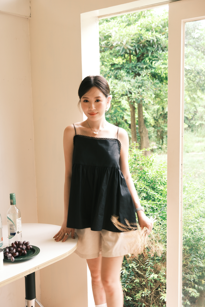 Isla Open-Back Lace Trim Cami Top in Black