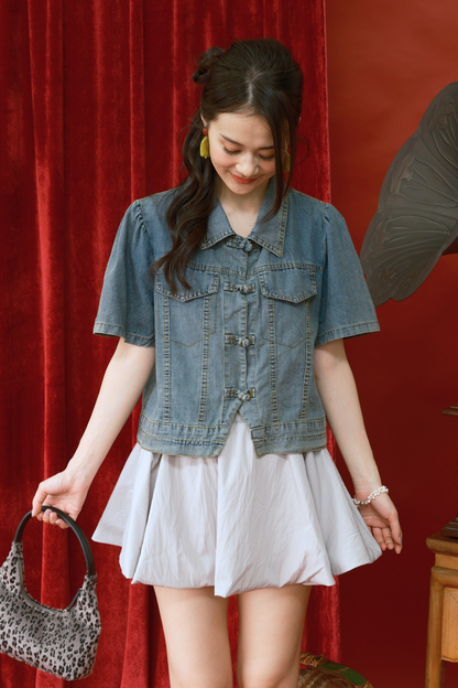 Elara Denim Petal Top in Dark Blue