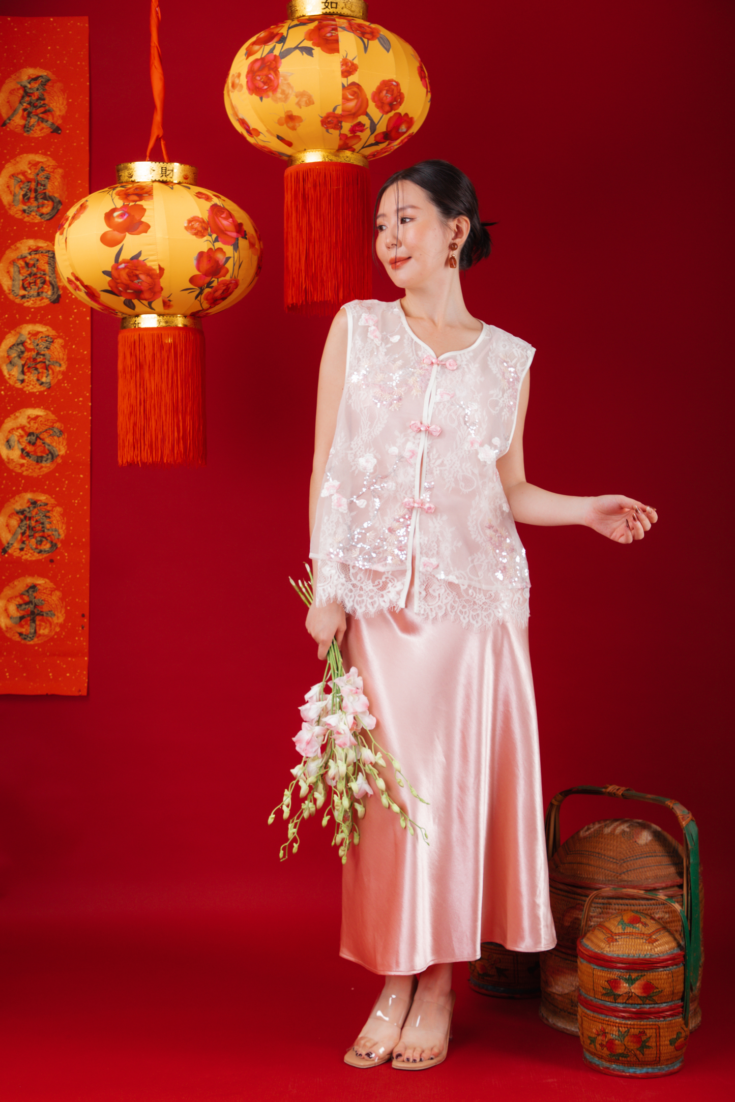 Elowen Embroidered Lace Vest / Rosé Satin Slip Dress