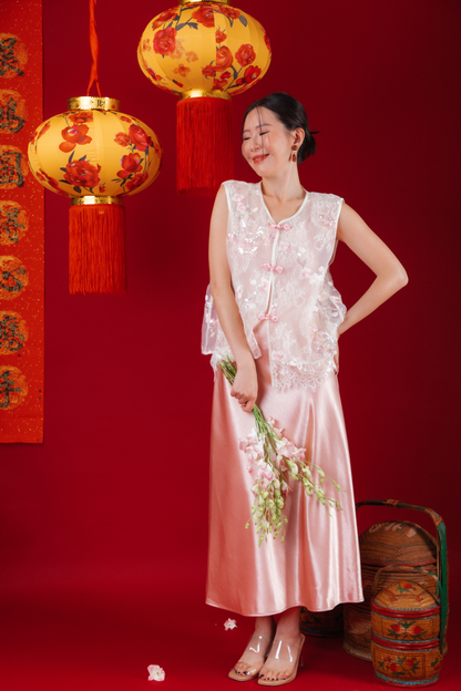 Elowen Embroidered Lace Vest / Rosé Satin Slip Dress