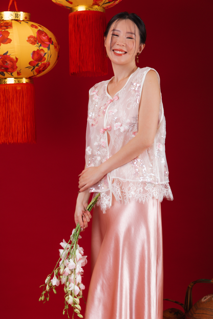 Elowen Embroidered Lace Vest / Rosé Satin Slip Dress