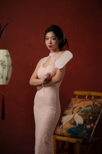 Roselle Lace Cheongsam Dress in Blush Pink