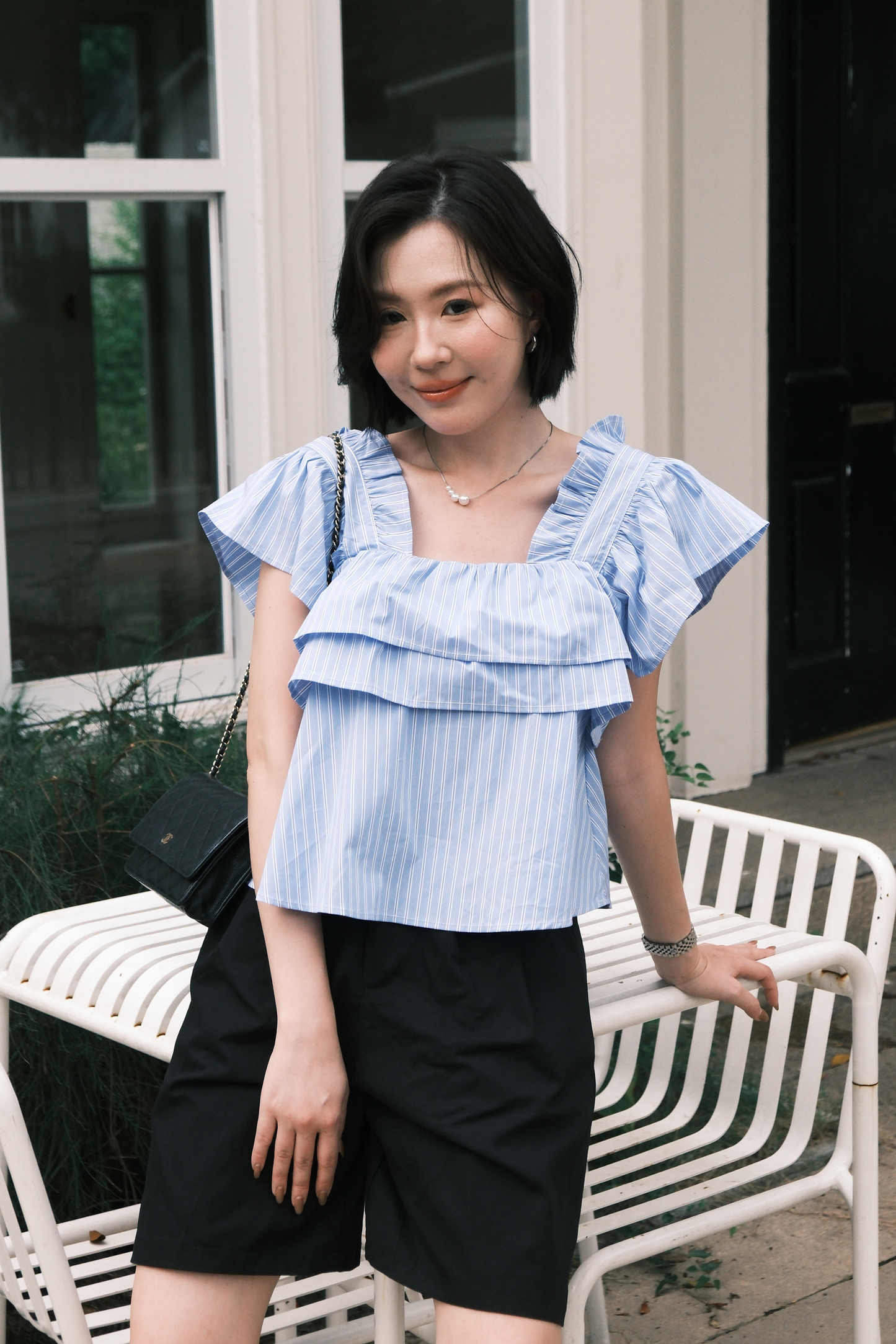 Isla Ruffle Off-Shoulder Top in Dark Blue