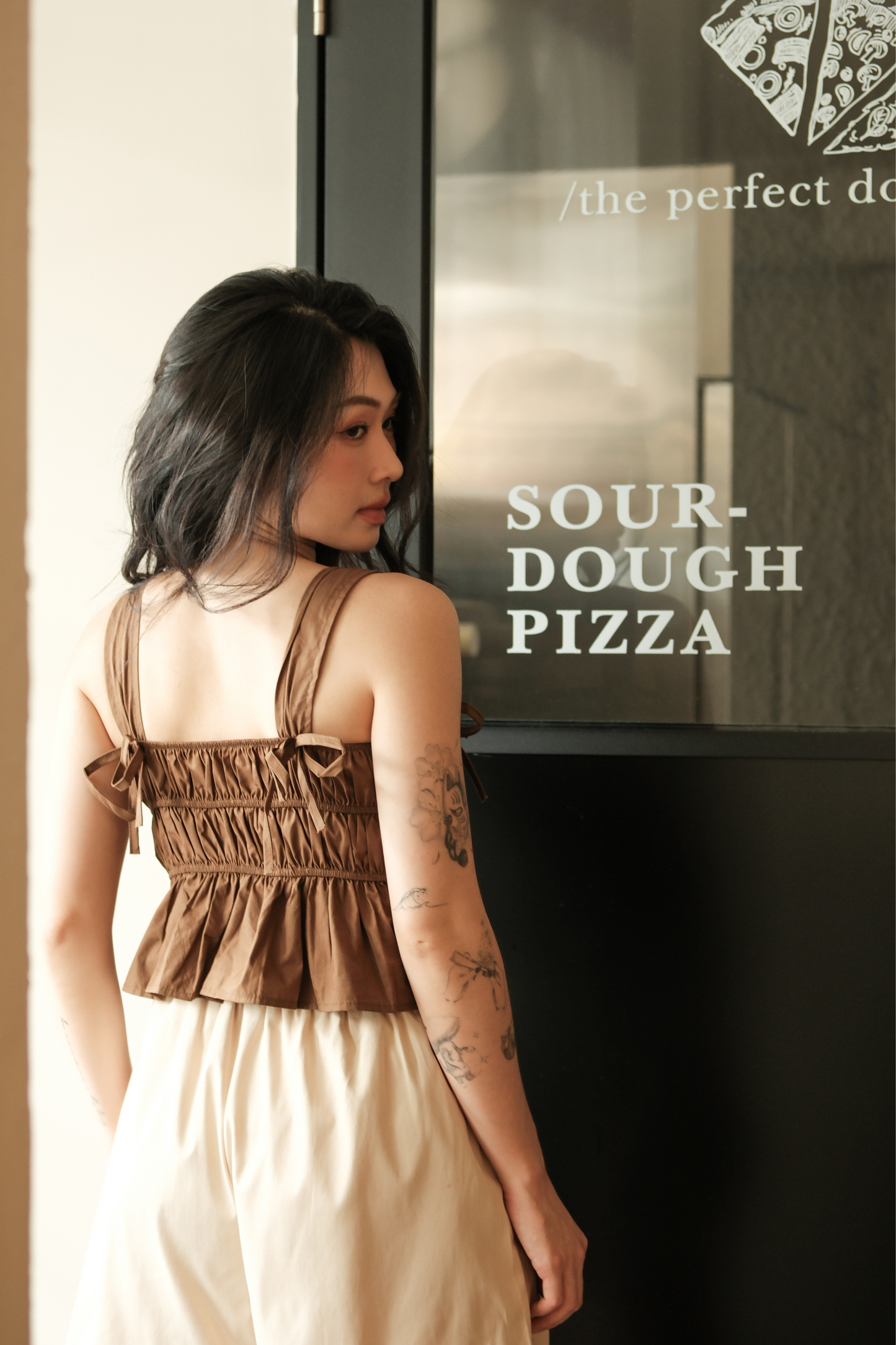 Amélie Ruched Bow Strap Top in Brown