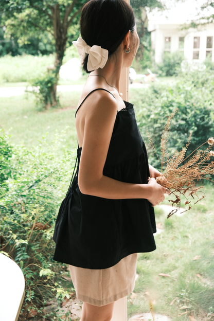 Isla Open-Back Lace Trim Cami Top in Black