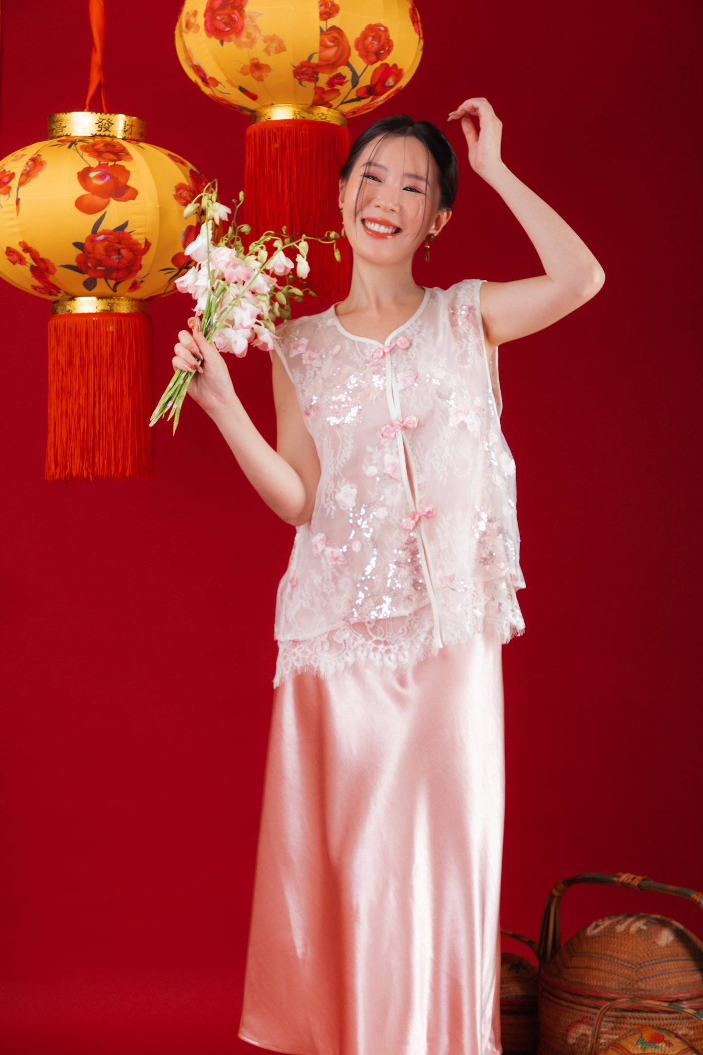 Elowen Embroidered Lace Vest / Rosé Satin Slip Dress