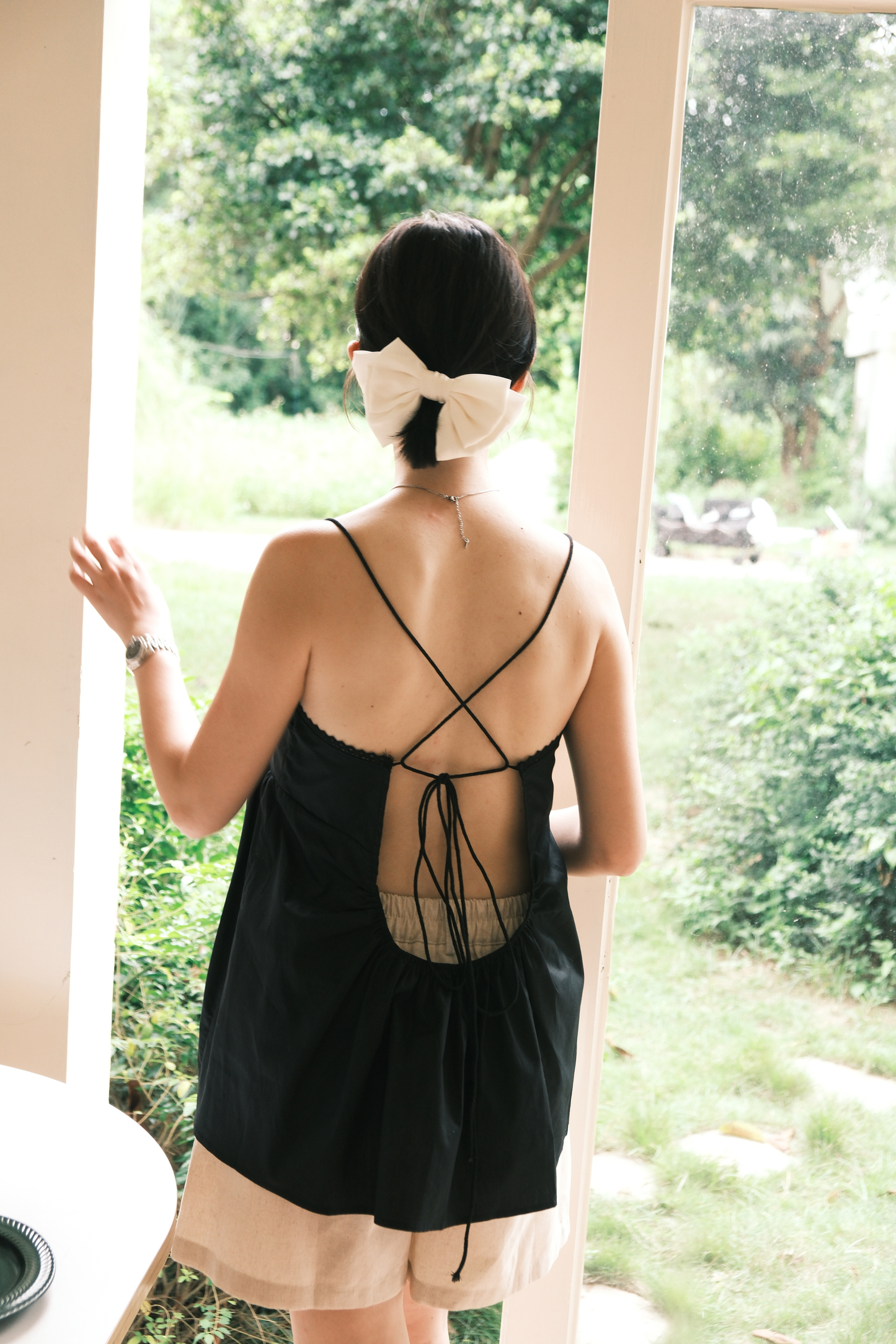 Isla Open-Back Lace Trim Cami Top in Black