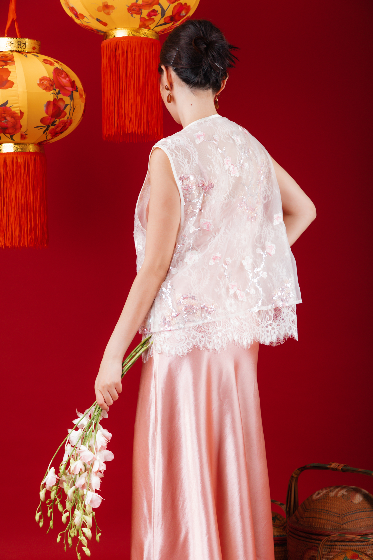 Elowen Embroidered Lace Vest / Rosé Satin Slip Dress