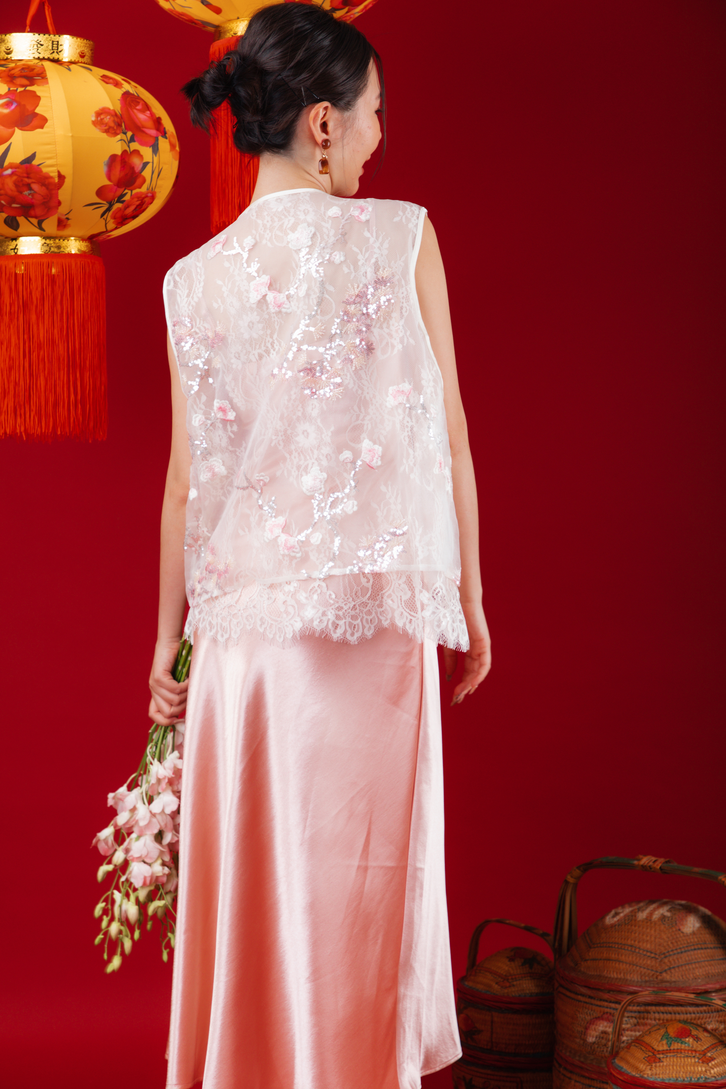 Elowen Embroidered Lace Vest / Rosé Satin Slip Dress