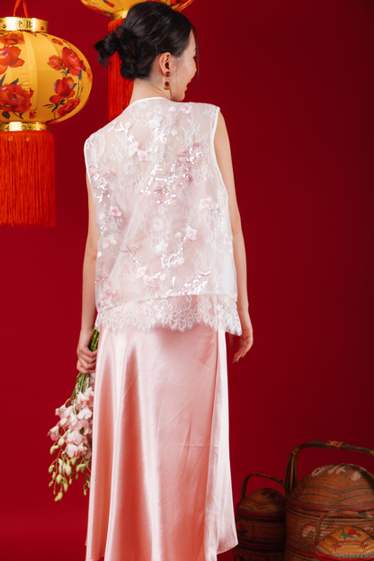 Elowen Embroidered Lace Vest / Rosé Satin Slip Dress