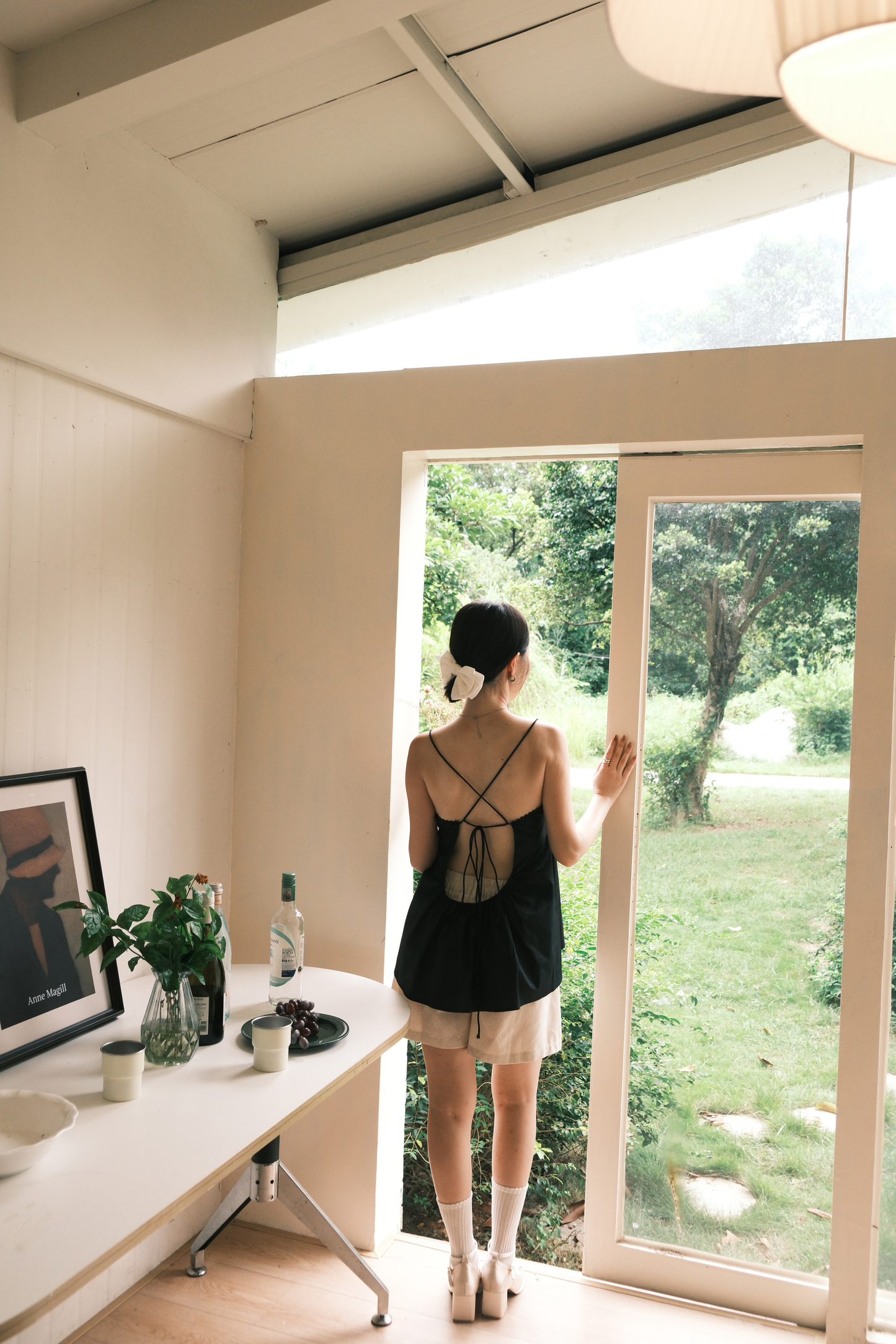 Isla Open-Back Lace Trim Cami Top in Black