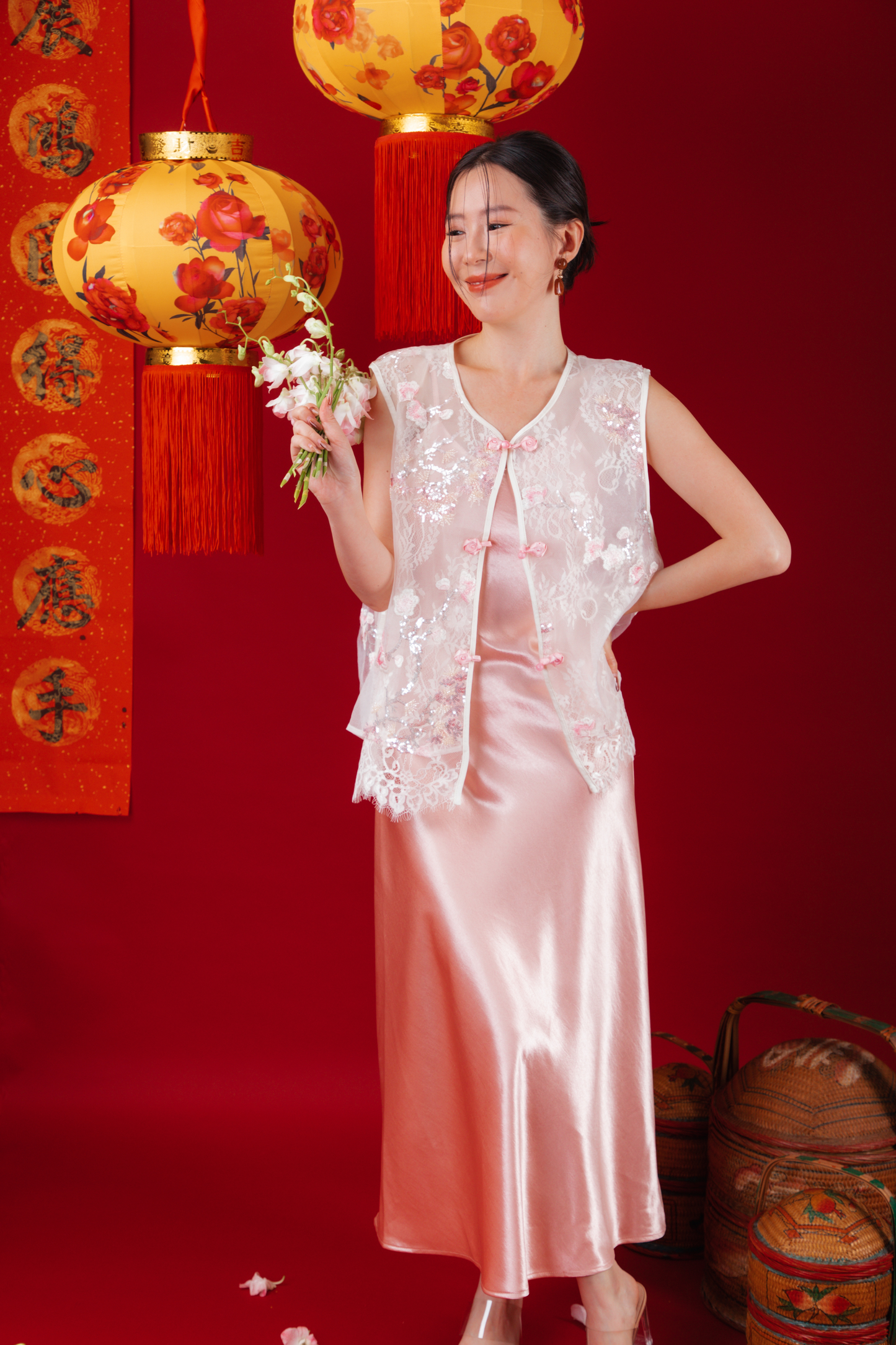 Elowen Embroidered Lace Vest / Rosé Satin Slip Dress