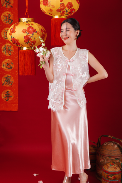 Elowen Embroidered Lace Vest / Rosé Satin Slip Dress