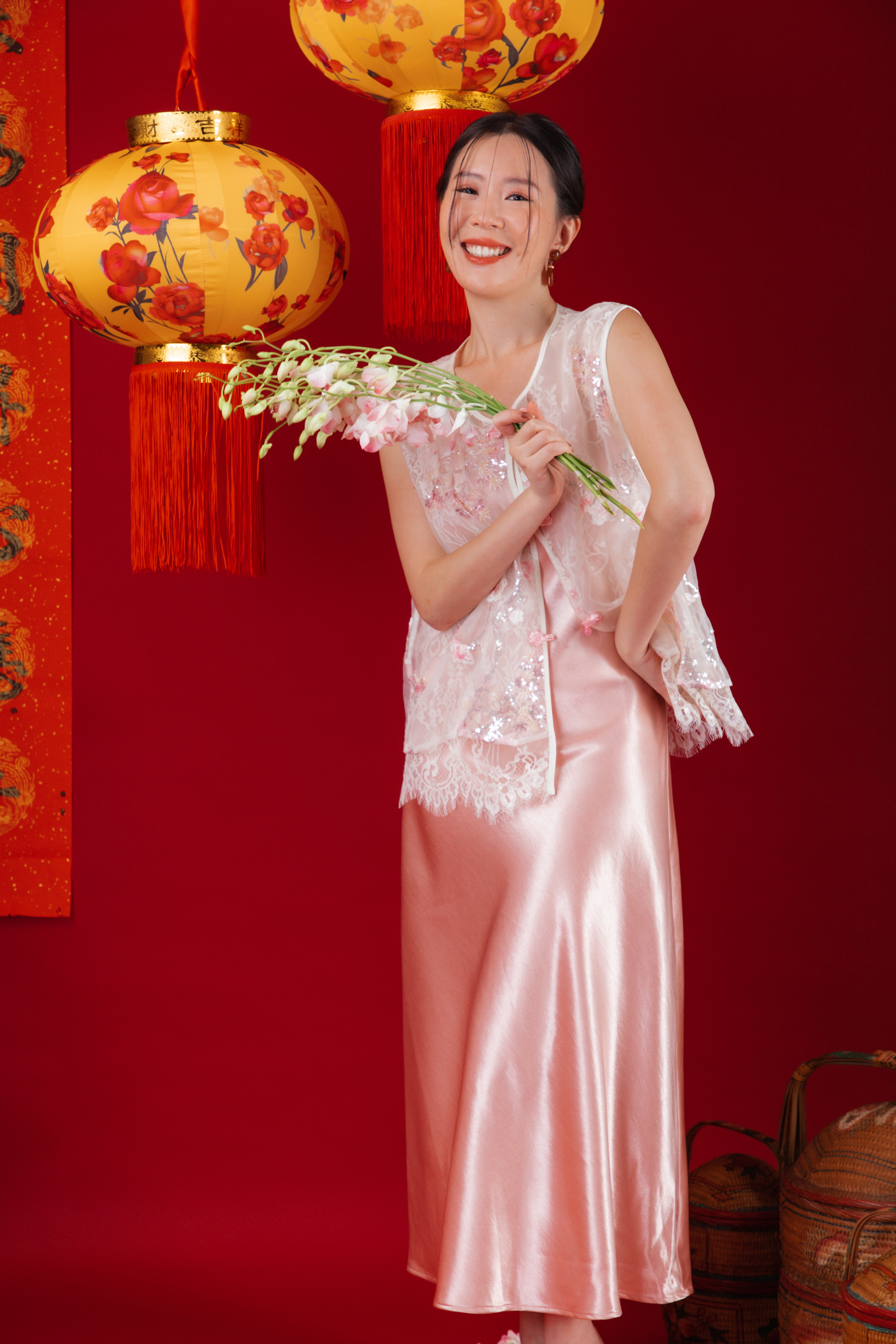 Elowen Embroidered Lace Vest / Rosé Satin Slip Dress