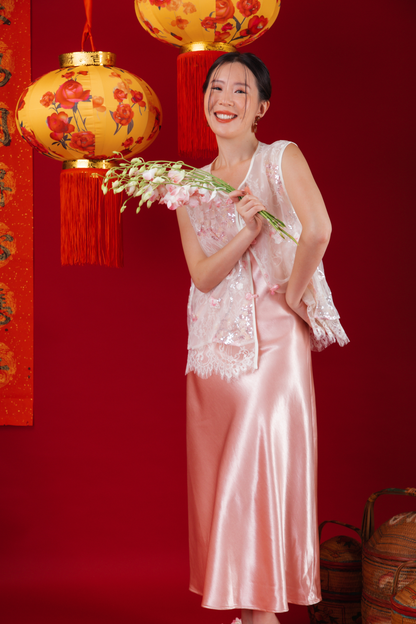 Elowen Embroidered Lace Vest / Rosé Satin Slip Dress