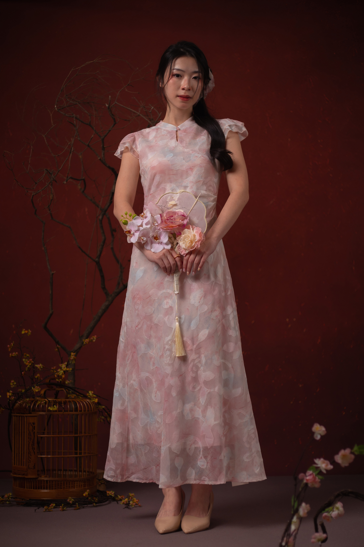 Fleur Rosée Cheongsam Dress in Blush Pink