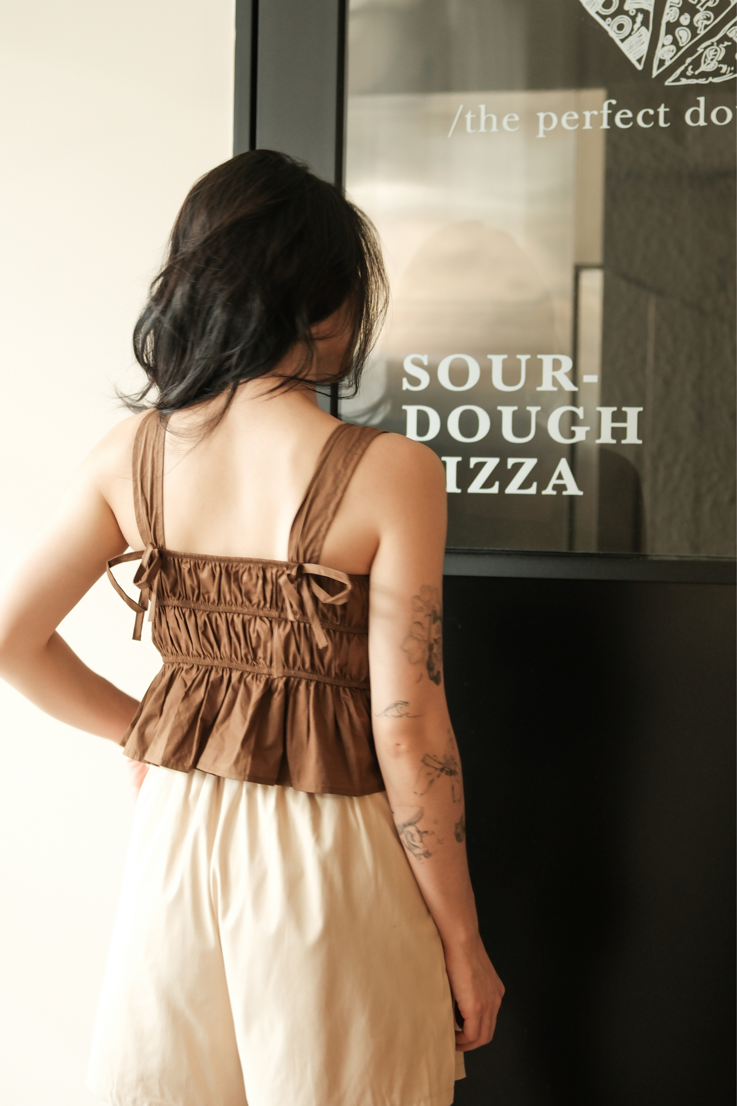 Amélie Ruched Bow Strap Top in Brown