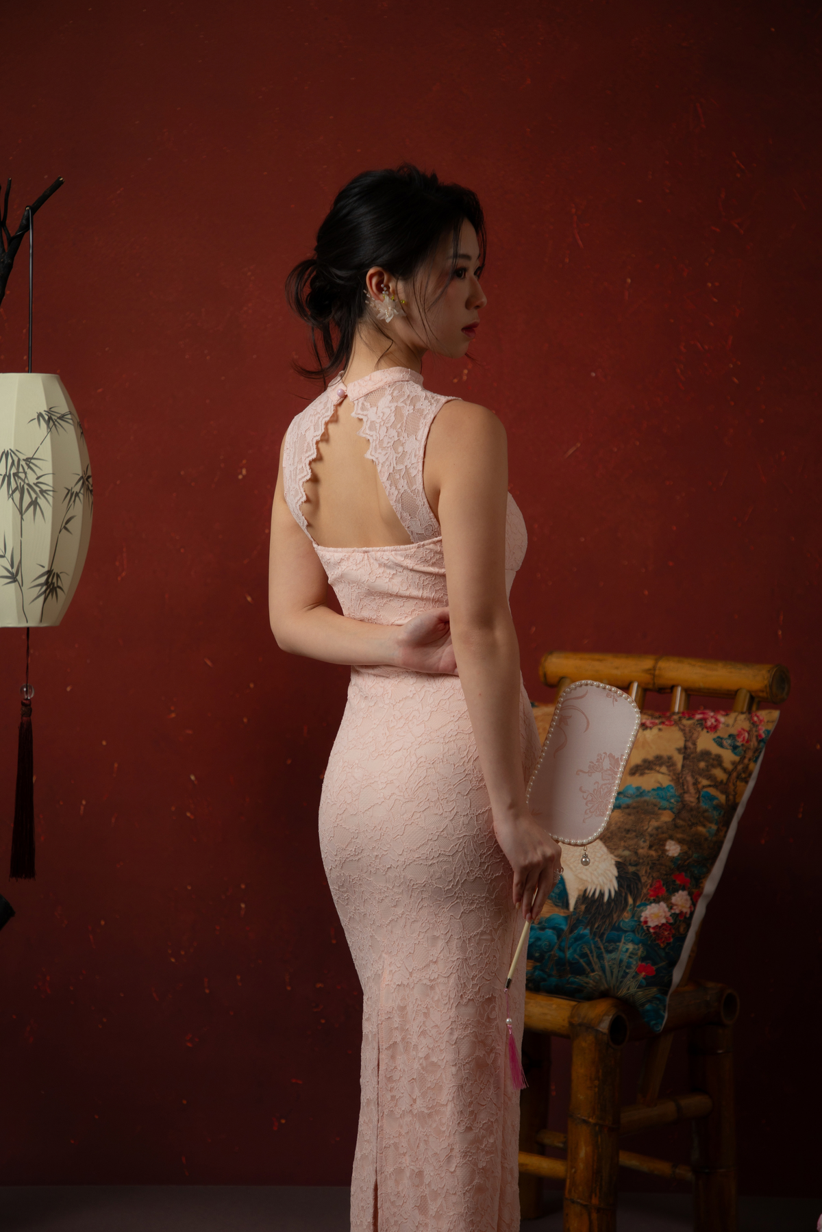 Roselle Lace Cheongsam Dress in Blush Pink
