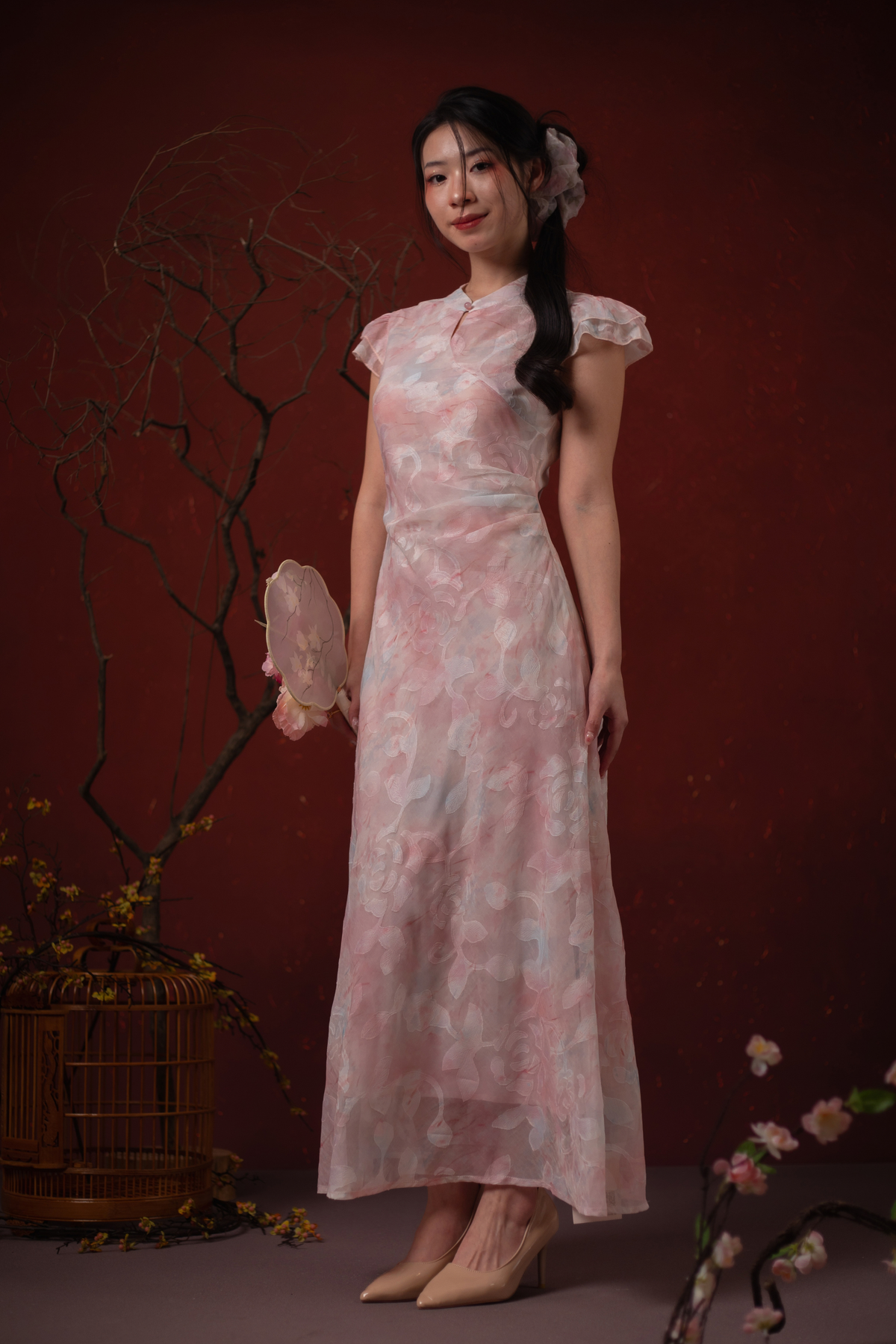 Fleur Rosée Cheongsam Dress in Blush Pink