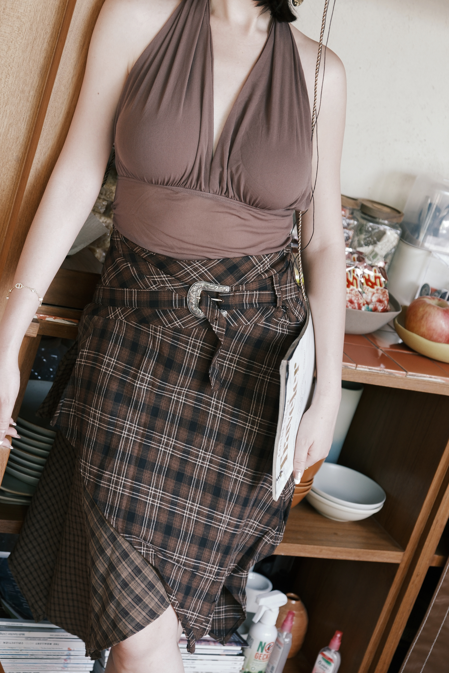 Mocha Check Asymmetry Skirt