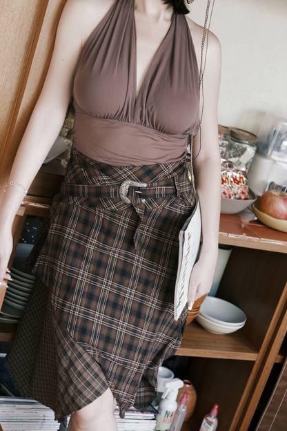 Mocha Check Asymmetry Skirt