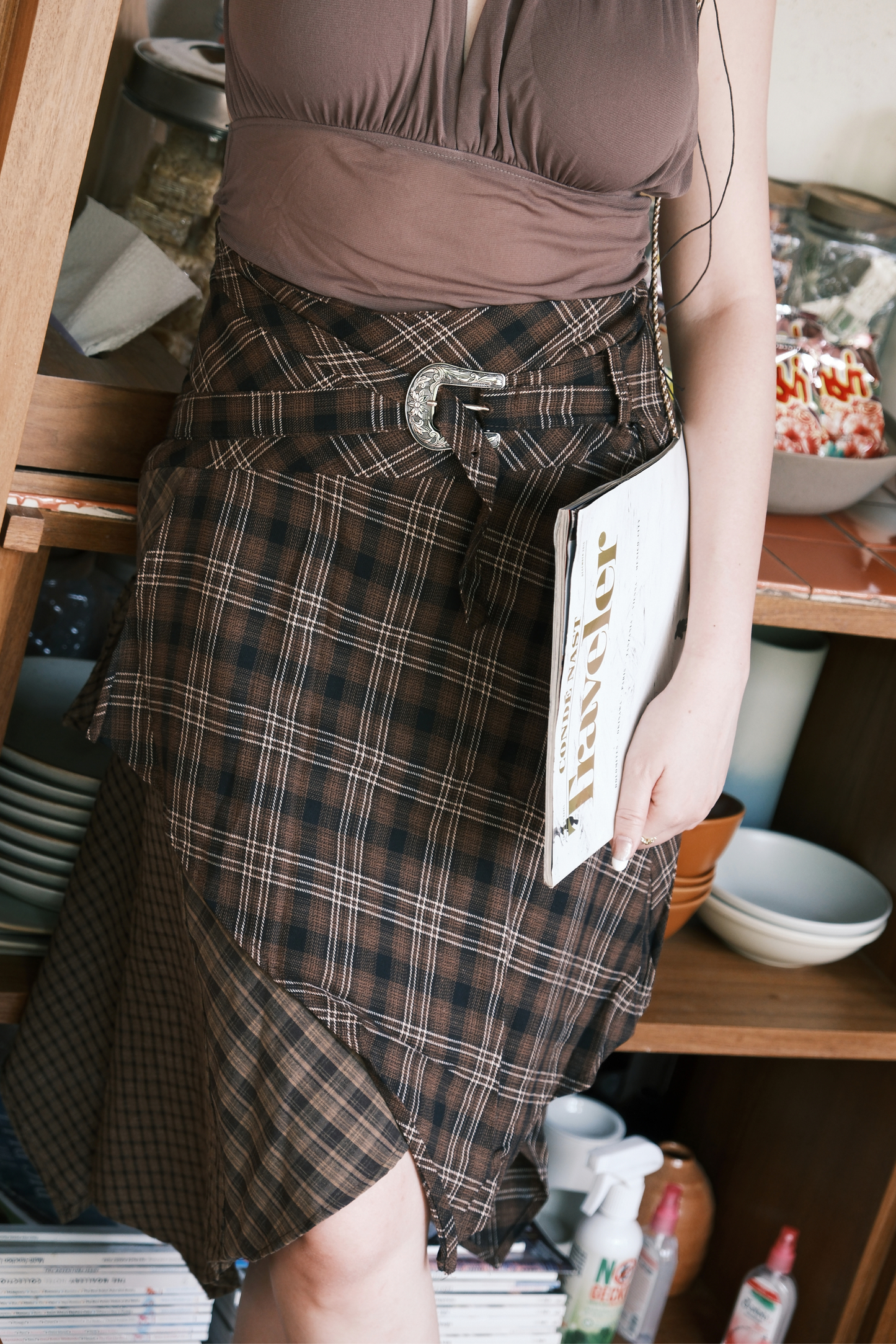 Mocha Check Asymmetry Skirt