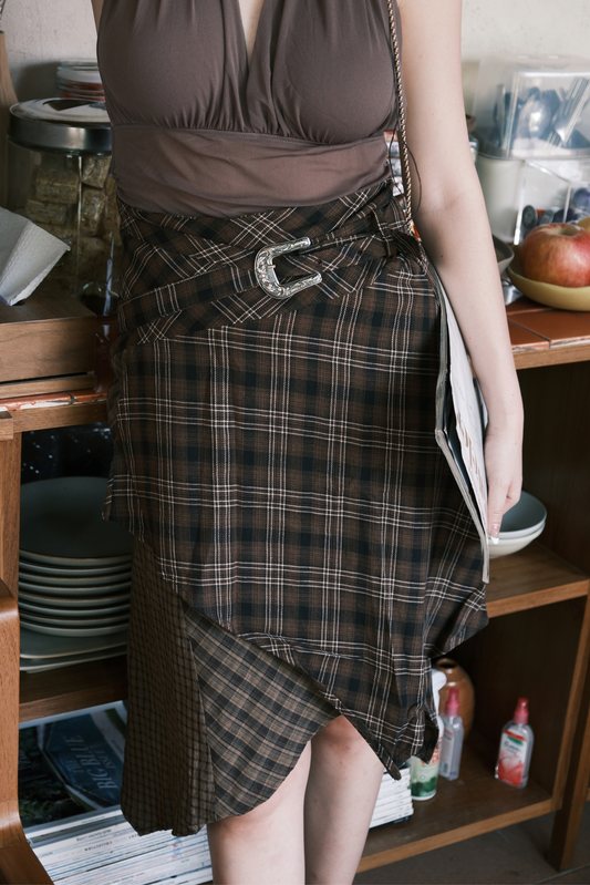 Mocha Check Asymmetry Skirt
