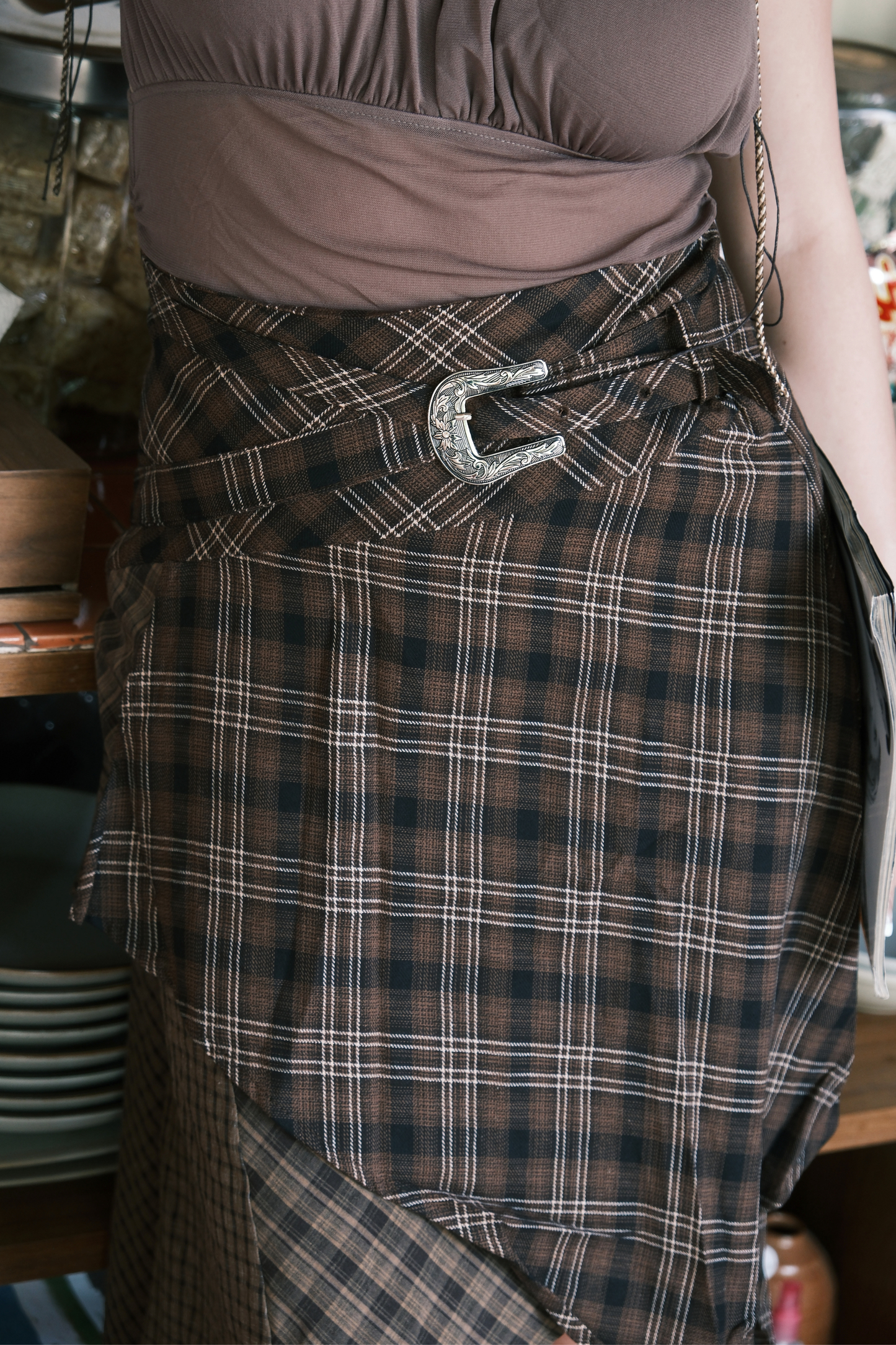 Mocha Check Asymmetry Skirt