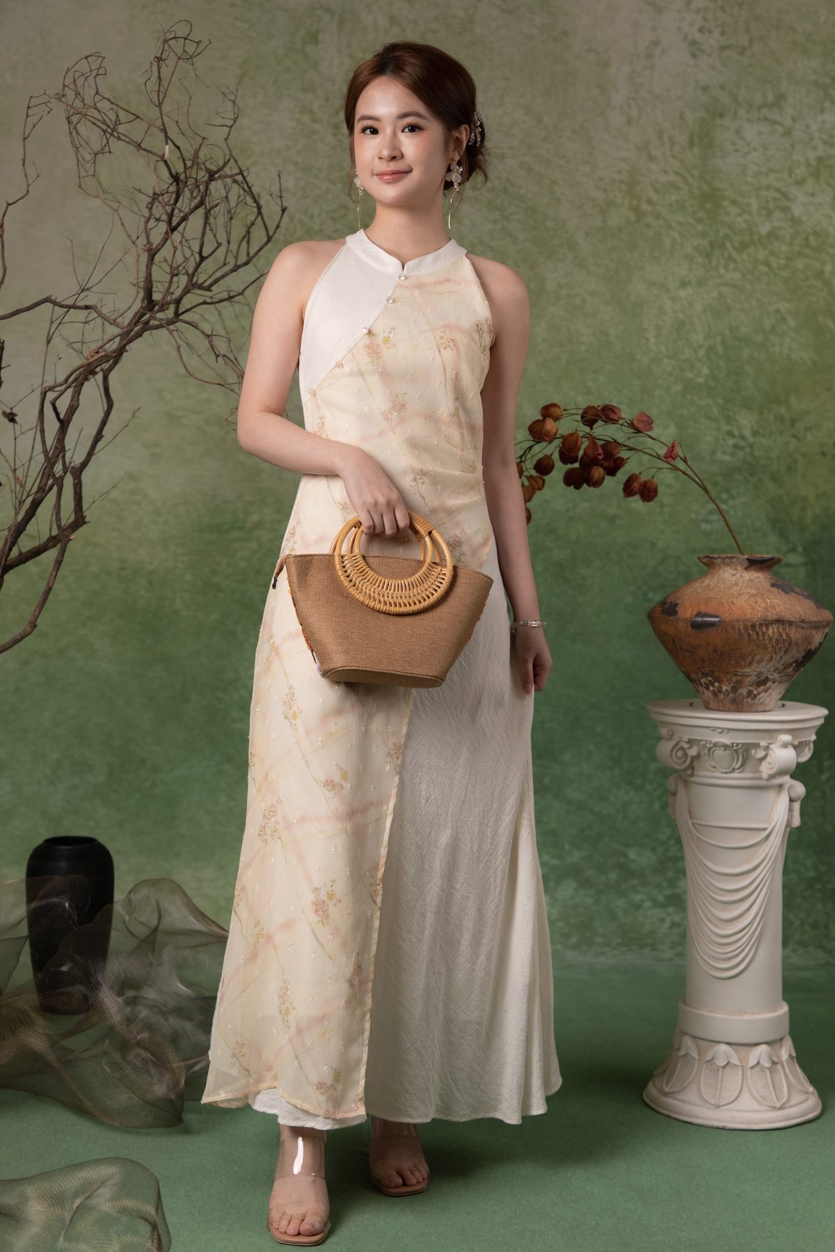 Tessa Meadow Cheongsam Dress in Cream