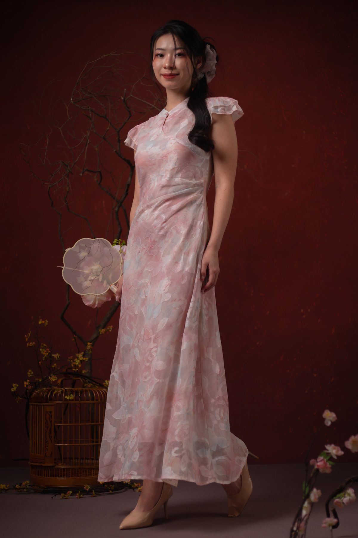 Fleur Rosée Cheongsam Dress in Blush Pink