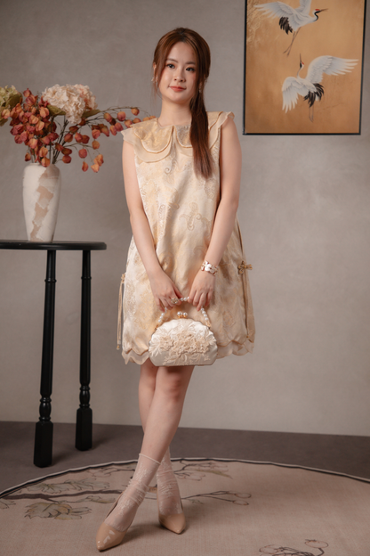 Elara Lotus Cheongsam Dress in Cream